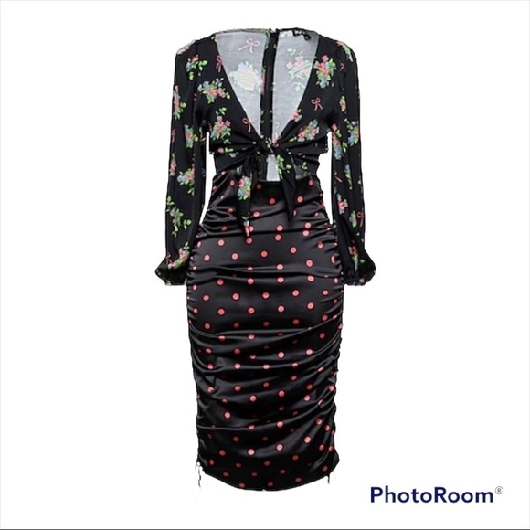 FOR LOVE & LEMONS Wilson Mixed Print Front Cutout Ruched Midi Dress Size 1X - Picture 6 of 11